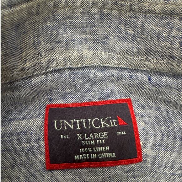 Untuckit Shirt Mens Sz XL Blue Slim Fit 100% Linen Button Up Long Sleeve *FLAW* - Picture 4 of 11